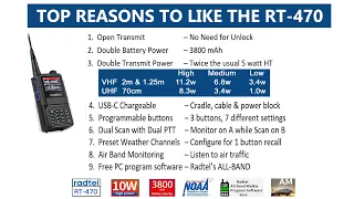 Radtel RT 470 10w handheld amateur radio review of features power and transmission tests. CPS demo.