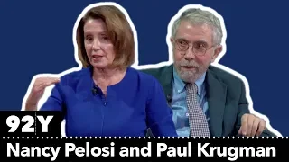 House Democratic Leader Nancy Pelosi talks with New York Times columnist Paul Krugman