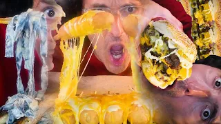 ASMR MESSY EATING NOODLES BURGERS NACHOS TACOS + CHEESE SAUCE ! NO TALKING