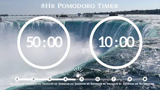 50 Minute Pomodoro Timer 💧Waterfall Sound 폭포 숲 ASMR 📚 8-Hour Study ⏱Pomodoro 50/10, 50 min x 8 sets