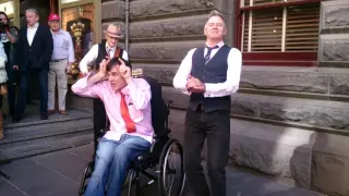 The Doug Anthony Allstars busking at Melbourne Town Hall - Krishna