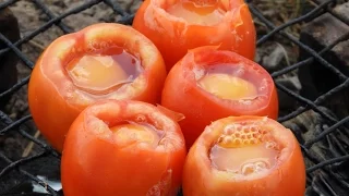 Village Food Factory - How To Cook An Egg Omelette In A Tomato Rare Recipe / Wild Survival Style
