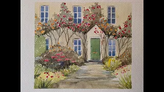 Paint this Beautiful English Country Cottage Garden watercolour landscape, watercolor roses tutorial