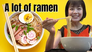 Japanese girl eats too much at ramen museum.