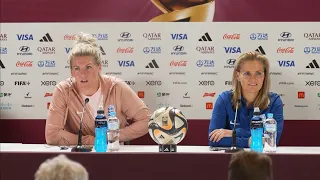 ENGLAND WOMEN PRESS CONFERENCE: Sarina Wiegman and Millie Bright: Spain v England: World Cup Final