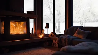 Deep Sleep in a Cozy Winter Room | Relaxing Fireplace Crackling, Blizzard, Wind & Snowfall Sounds