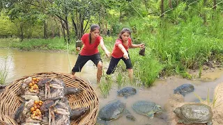 Survival food Catching and Cooking river Turtle & Quail for lunch while in the forest @lisaCooking2