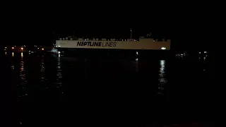 NEPTUNE LINE Car Ship Arrival at Piraeus Car Terminal with Jazz Music in the Night