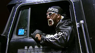 Hulk Hogan drives a tractor-trailer into an ambulance carrying The Rock: Raw, Feb. 18, 2002