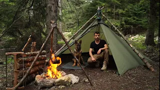 Camping in the Wild with My Dog, Bushcraft Shelter, Campfire Cooking, Asmr