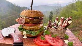 DOUBLE 🍔 CHEESEBURGER ON ANOTHER LEVEL👌🔥 | Food in Nature Slovakia 🌲