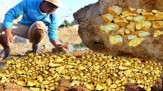 amazing! Digging gold treasure under rock at mountain near the river side. Finding Gold Excited