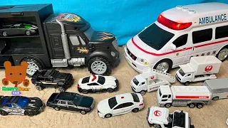 White Ambulance VS Black Car Carrier! ... & Stories about Diecast Cars 【Kuma's Bear Kids】