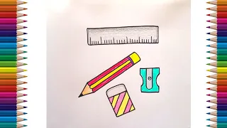 Stationary Items Drawing | How to Draw pencil, Eraser, Sharperner