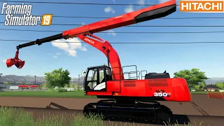 Farming Simulator 19 - HITACHI 350LC TELESCOPIC ARM Excavator Digging The Dirt From The Ditch