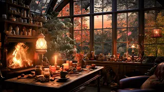 Autumn Cozy Cabin🍁Piano Music & Crackling Fireplace & Autumn Nature Sounds