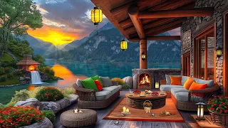 Sunset Lakeside View in Cozy Coffee Porch Ambience 🌼 Smooth Instrumental Jazz to Relax & Birdsong