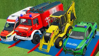 TRANSPORTING POLICE PICKUP CAR, CAT LOADER, FIRE DEPARTMENT, AMBULANCE ! Farming Simulator 22