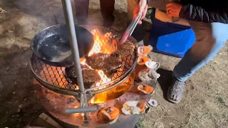 Steaks, oysters,and ducks on open fire!!!