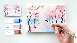 Cherry Blossom Alley. Easy watercolor tutorial