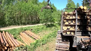 John Deere 1010G Forwarder - Unloading pine logs (Sped up video)