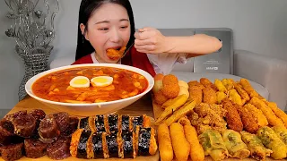 ASMR 신전떡볶이 전메뉴!! 로제떡볶이 튀김 순대 김밥 먹방:) stir-fried Rice Cake, Sundae, Fried, rice roll mukbang