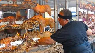 Huge Machinery Roasts Tons of Ribs and Pork. Italy Street Food