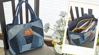 DIY Crazy Patchwork Denim Bag Out of Old Jeans Fabric Remnants | Bag Tutorial | Upcycle