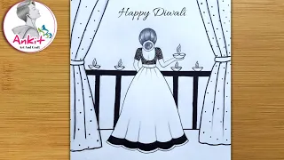 Beautiful Diwali Drawing Easy/ Diwali Festival Scenery Drawing  Easy For Beginners