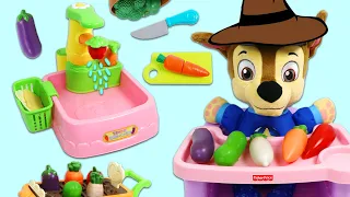 Paw Patrol Farmer Baby Chase Grows His Own Vegetables in Toy Garden & Cleans with Toy Kitchen Sink!