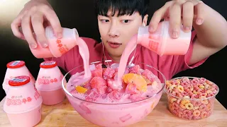 SUB)시원달달 딸기우유 수박화채 먹방 🍉🏖 (후르츠링 시리얼 코코넛젤리 과일화채) 리얼사운드 Strawberry milk watermelon punch MUKBANG ASMR