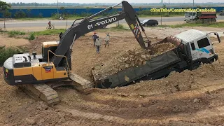 Heavy Dump Truck Stuck In Deep Hole & Recovery By Excavator, Bulldozer ឡានដឹកដីធ្ងន់ជាប់ផុងជ្រៅ