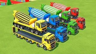 TRANSPORTING MIXER CEMENT TRUCK, EXCAVATOR,  BULLDOZER, POLICE CARS TO GARAGE WITH MAN TRUCK - FS22