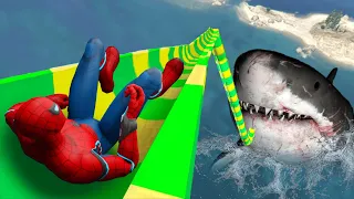 GTA 5 Spiderman Ride a Water Slides | Megalodon wait for him