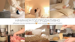 НАЧИНАЕМ ГОД ПРОДУКТИВНО: убираю после праздников 🧺 моя посуда🥧готовим пельмени и домашняя лапшу