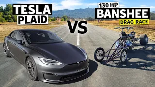 130hp Custom Yamaha Banshee vs 1100hp Tesla Model S Plaid // THIS vs PLAID