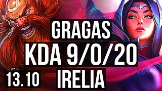 GRAGAS vs IRELIA (TOP) | 9/0/20, 1.4M mastery, Legendary, 400+ games | KR Challenger | 13.10