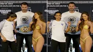 Eddie Hearn left not knowing where to look as boxer Avril Mathie dons bikini at weigh-in