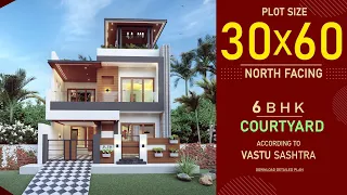 30x60 North Facing House Design 3D | NORTH FACING | Modern Elevation | COURTYARD | Interior Design