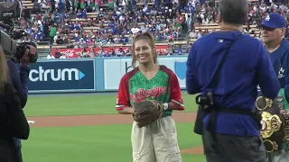 SENIESA ESTRADA threw the first pitch at Dodger Stadium