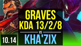 GRAVES vs KHA'ZIX (JUNGLE) | 5 early solo kills, KDA 13/2/8, 8 solo kills | KR Master | v10.14