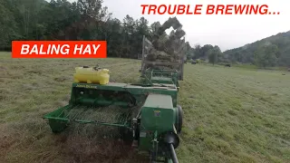 Baling Hay & Trouble Brewing - Massey Ferguson 1105, John Deere 348 Baler w/ #42 Pan Kicker