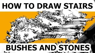 How to draw bushes, stairs and stones. Drawing with a fountain pen Lamy, Eduard Kichigin