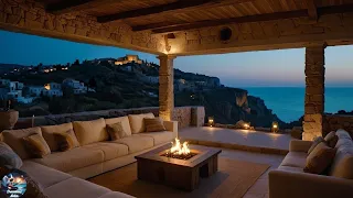 Relaxing Piano Jazz ✨ With View on Mediterranean Sea 🌊 Crackling Fire Pit & Soothing Waves Sound 🔥