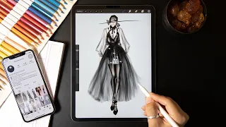 Digital Fashion illustration tutorial: Tulle skirt, dress, with Procreate on iPad Pro