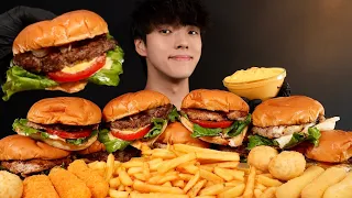 ASMR MUKBANG HANDMADE BURGERS & FRENCH FRIES & CHEESE STICKS EATING SOUNDS