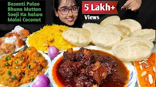 Eating Soft Poori, Dum Aloo, Bhuna Mutton, Basanti Pulao, Halwa | Big Bites | Asmr Eating | Mukbang