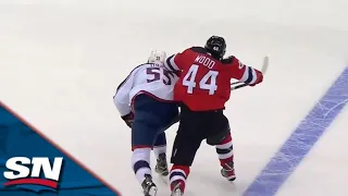 Miles Wood Makes The Great Extra Effort Play To Chase The Puck Down Before Scoring On Blue Jackets