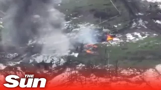 Flaming Russian tank blown to pieces by Ukrainian marines