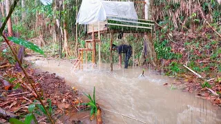 solo camping heavy rain makes shelter during thunderstorms